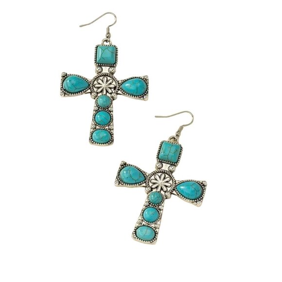 Boho Imitation Turquoise Cross Earrings With Silver Accents & Fish Hook Backs - Picture 1 of 2
